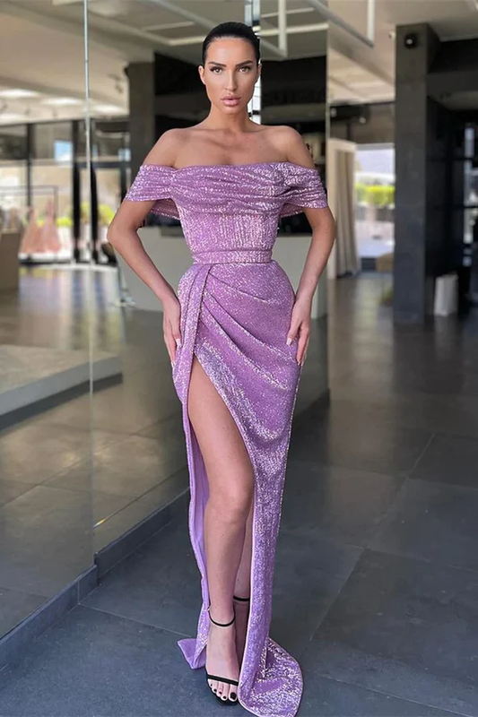 LILAC OFF-THE-SHOULDER SEQUINS PROM DRESS LONG WITH SLIT gh2039