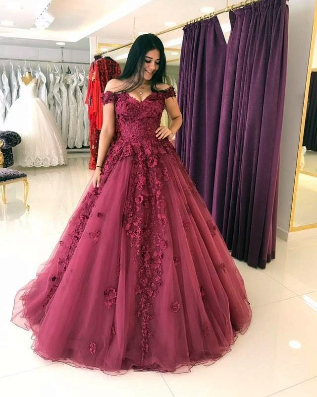 Lace Appliques Prom Dresses Ball Gowns,Tulle Quinceanera Dress,Off Shoulder Evening Gowns gh2435