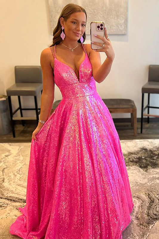 Glitter Fuchsia Sequins Long Prom Dress gh2517