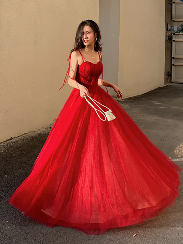 Red elegant spaghetti straps delicate floral beading long tulle formal prom dress evening gown with back corset gh2550