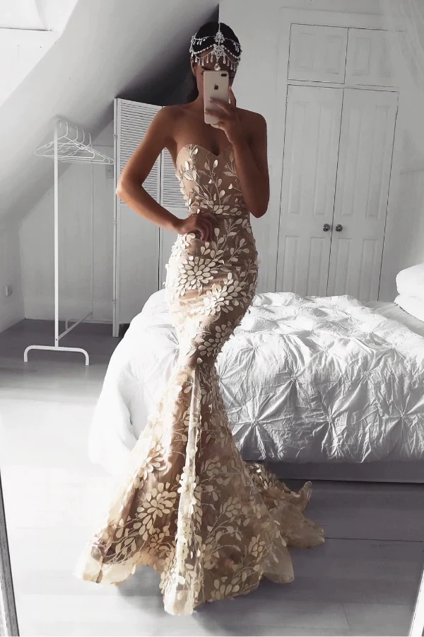 Glamorous Mermaid Sweetheart Sleeveless Tulle Long Prom Dresses With Appliques gh2490