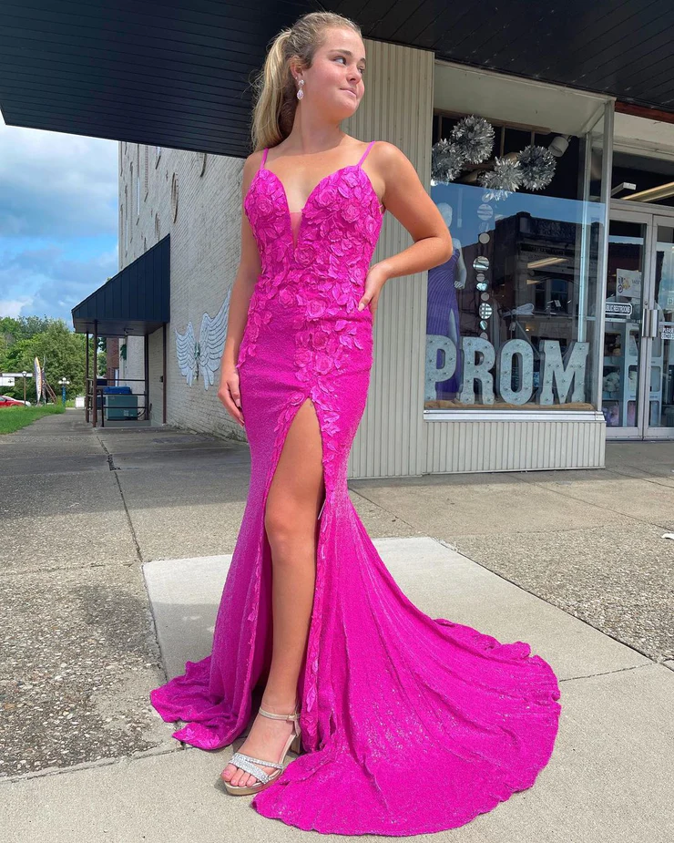 Sparkly Mermaid V Neck Fuchsia Sequins Long Prom Dresses with Appliques gh2584