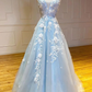 Blue V neck applique tulle lace long elegant ball gown evening dress gh2306