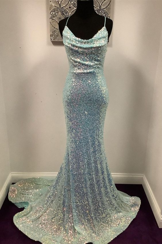 Mermaid Light Blue Sequin Long Prom Dress with Cowl Neck gh2459
