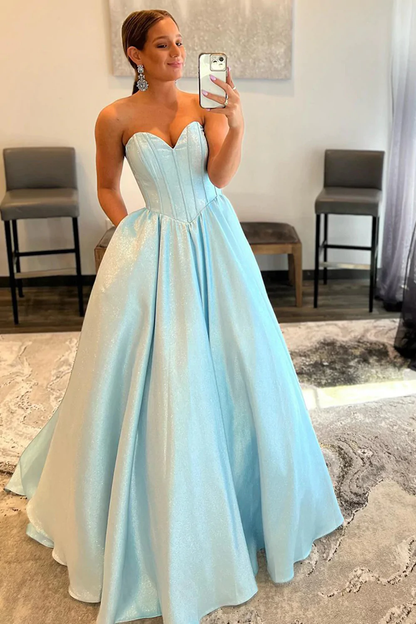 A-Line Sweetheart Strapless Blue Long Prom Dress gh2515