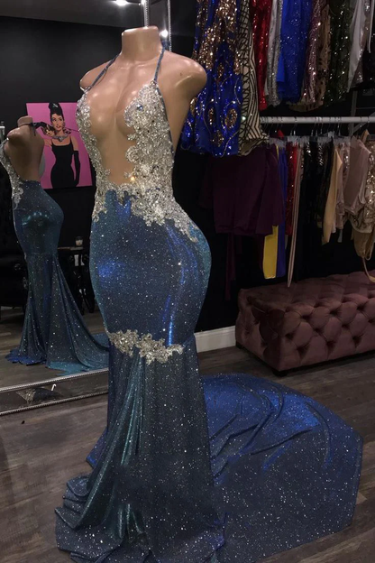 Sheath Blue Open Front Backless Long Halter Prom Dress gh2102