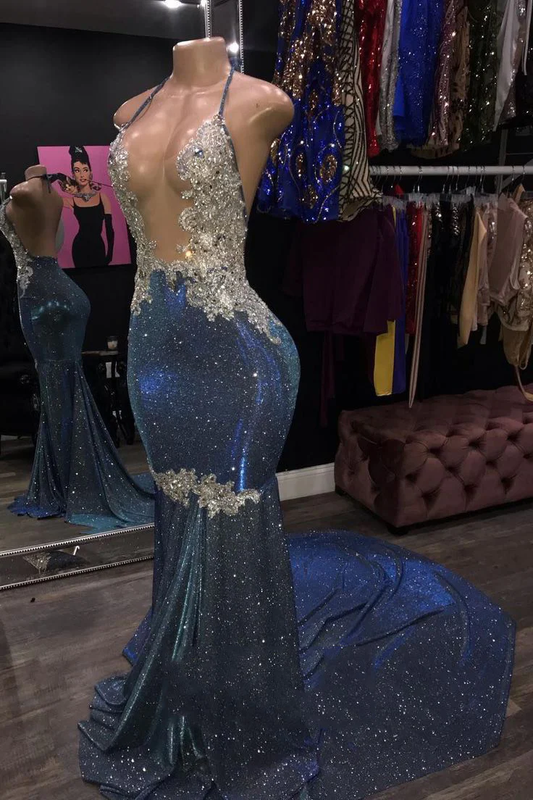 Sheath Blue Open Front Backless Long Halter Prom Dress gh2102