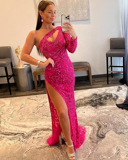 One Shoulder Fuchsia Beading Lace Mermaid Prom Dress with Long Sleeves gh2589