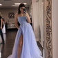 BLUE TULLE BEADS LONG A LINE PROM DRESS EVENING gh2165