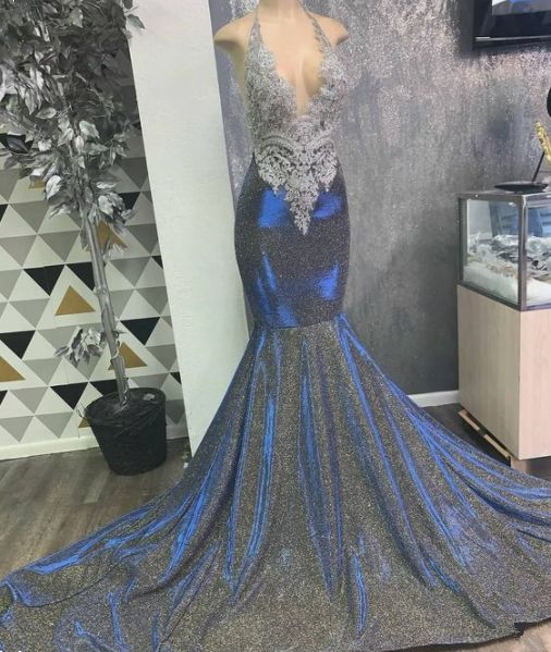 Halter V Neck Mermaid Prom Dress With Train gh2103
