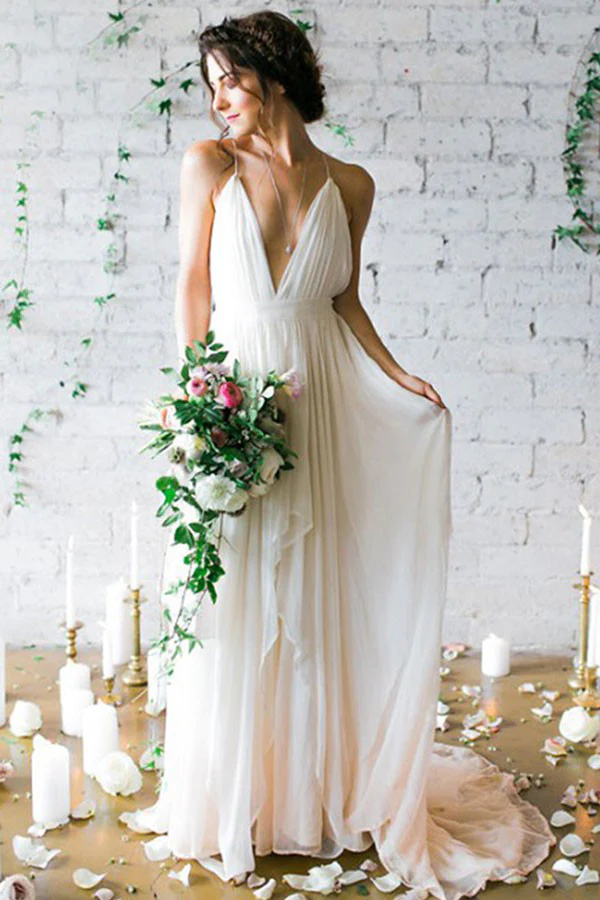 Sexy A-Linie mit tiefem V-Ausschnitt, rückenfreie Chiffon-Boho-Hochzeitskleider mit Falten gh2519