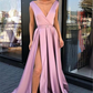 Rosa Träger Seitenschlitz A-Linie Ballkleider | Sexy ärmelloses Abendkleid mit tiefem V-Ausschnitt gh2032