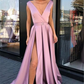 Pink Straps Side-Slit A-Line Prom Dresses | Sexy Deep-V-Neck Sleeveless Evening Gown gh2032