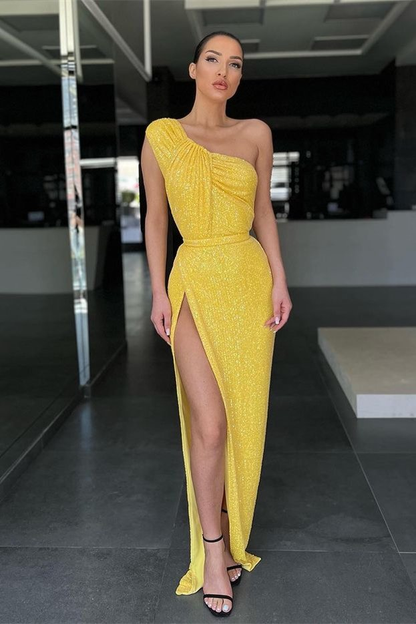Amazing Yellow One Shoulder Sequins evening Dress Mermaid With Slit  gh2002