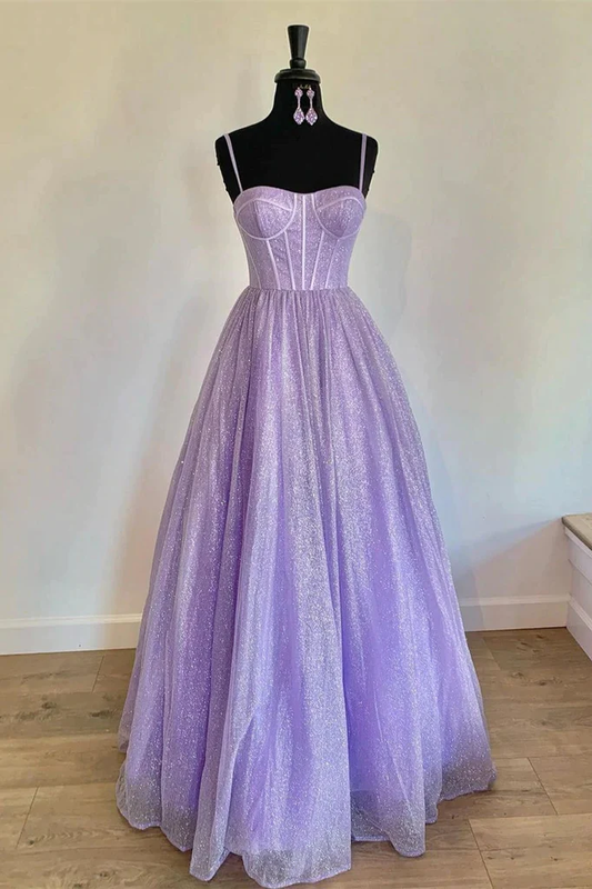 Spaghetti Straps Sparkly Lilac A Line Prom Dresses Sequin Evening Dress gh1975