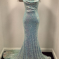 Hellblaues Meerjungfrauen-Abschlussballkleid mit Pailletten und Wasserfallausschnitt gh2459