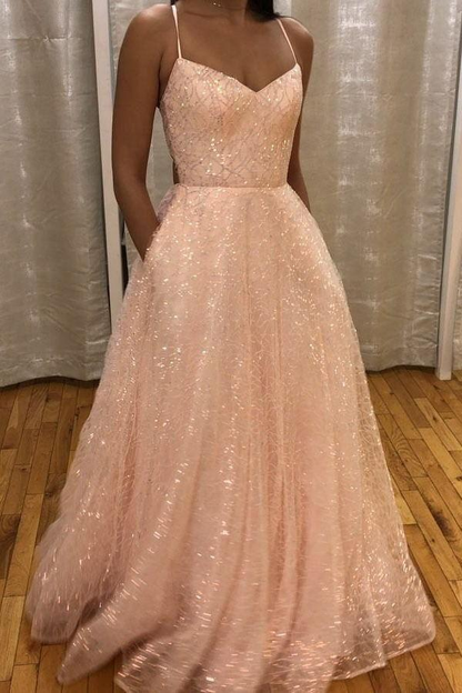 Sparkly Pink Prom Dresses Langes, rückenfreies, formelles A-Linien-Kleid mit Tasche gh2603