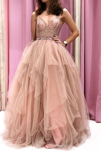 Spaghetti Straps Pink Tulle Long Ball Gown gh2543