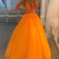 Charming Orange Lace A Line V Neck Open Back Long Prom Dresses,Orange Lace Formal Dresses  gh2241