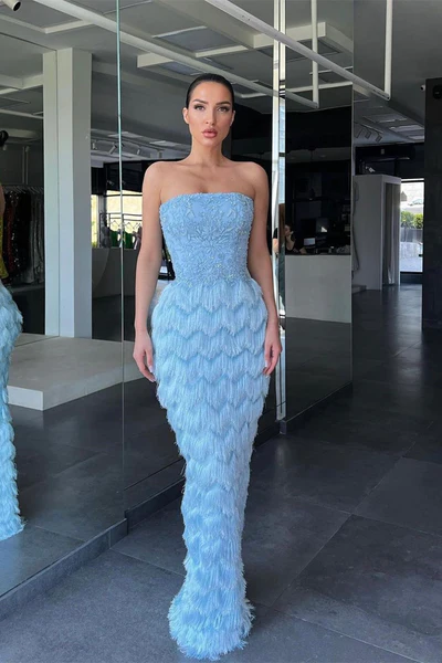 MERMAID STRAPLESS FLOOR-LENGTH CAP SLEEVE APPLIQUES LACE WITH FEATHER PROM DRESS gh2463