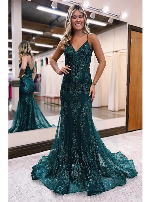 Robe de soirée sirène en tulle vert à bretelles spaghetti et col en V gh2612