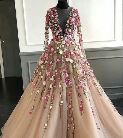 Robe de bal bouffante en tulle à manches longues avec fleurs en dentelle, robe de soirée longue avec de belles fleurs gh2280