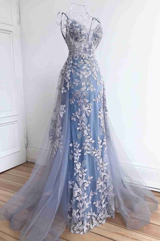 Superbe robe longue de soirée en tulle bleu Dsuty avec des appliques gh2305