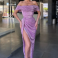 LILAC OFF-THE-SHOULDER SEQUINS PROM DRESS LONG WITH SLIT gh2039