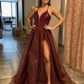Spaghetti Straps A Line Burgundy Tulle Long Prom Dresses With Slit gh2443