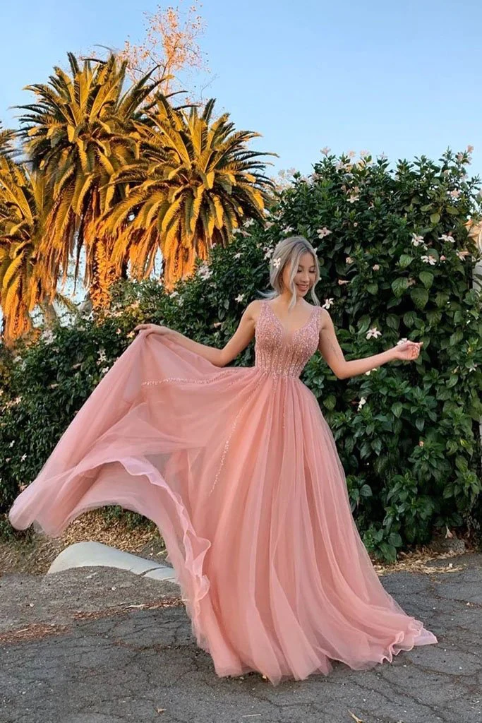 Elegant A Line Tulle Pink V Neck Beads Prom Dresses, Long Evening   gh2167
