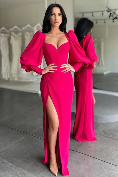 ELEGANT BUBBLE SLEEVES SWEETHEART RED SIDE-CUT MERMAID PROM DRESS  gh2006