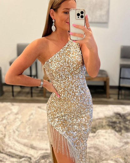 Gold gorgeous shiny fashion sexy one shoulder tassel beaded long prom dress evening gown party dress with side slits gh2482