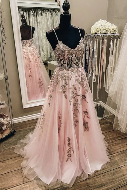 V-Ausschnitt rückenfreies langes Ballkleid aus rosa Spitze, langes formales Abendkleid aus rosa Spitze gh2283