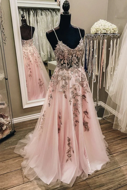Robe de bal longue en dentelle rose dos nu à col en V, robe de soirée longue en dentelle rose gh2283