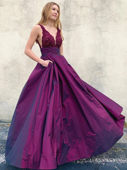 V-Ausschnitt Backless Purple Lace Ballkleider, V-Ausschnitt Open Back Purple Lace Formale Abendkleider gh2219