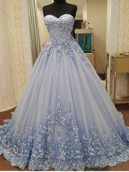 A-line Sweetheart Chapel Train Tulle Appliqued Elegant Prom Dresses gh2089