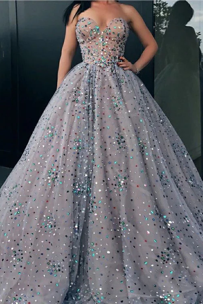 Princess Strapless Sweetheart Beads Ball Gown Rhinestone Prom Dress with Long Sparkly  gh2329