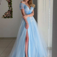 Elegant Off Shoulder Light Blue Tulle Long Prom Dresses, Off the Shoulder Light Blue Formal Evening Dresses  gh2212