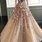 Robe de bal bouffante en tulle à manches longues avec fleurs en dentelle, robe de soirée longue avec de belles fleurs gh2280