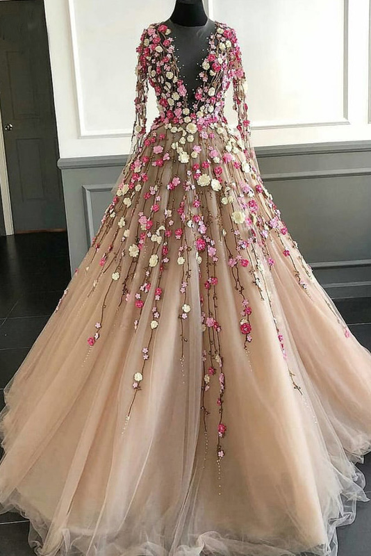 Robe de bal bouffante en tulle à manches longues avec fleurs en dentelle, robe de soirée longue avec de belles fleurs gh2280