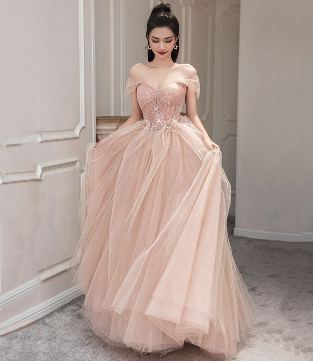 ROBE DE BAL LONGUE EN TULLE ROSE ROBE DE SOIRÉE ROSE gh2448