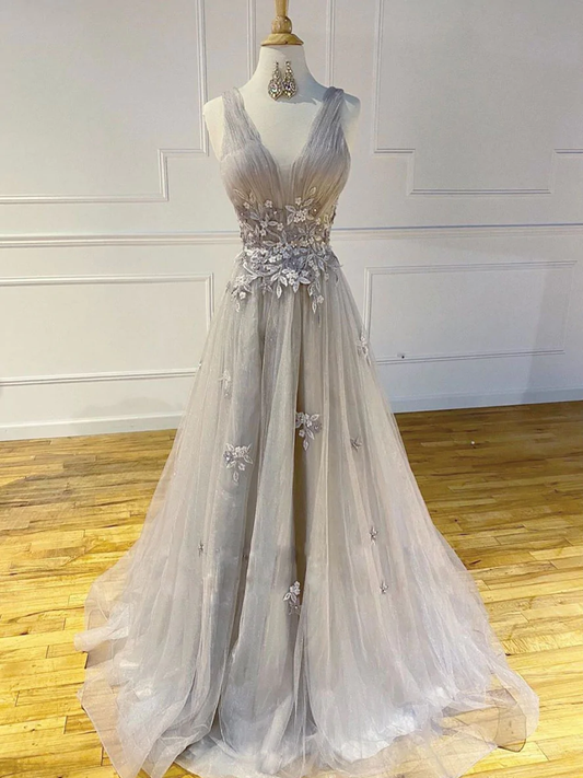 Robe de soirée longue en tulle et dentelle grise à col en V, robe de soirée en tulle gris gh2311