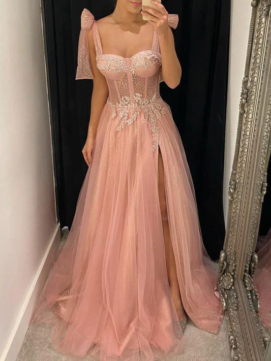 Aline Pink Modest Sleeveless Long Prom Dresses, Evening Dress With Split gh2529
