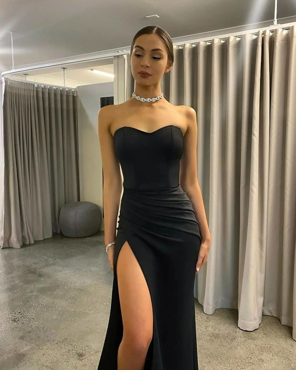Glamorous Mermaid Sweetheart Black Satin Long Prom Dresses Sexy Evening Party Dresses with Side Slit  gh2437