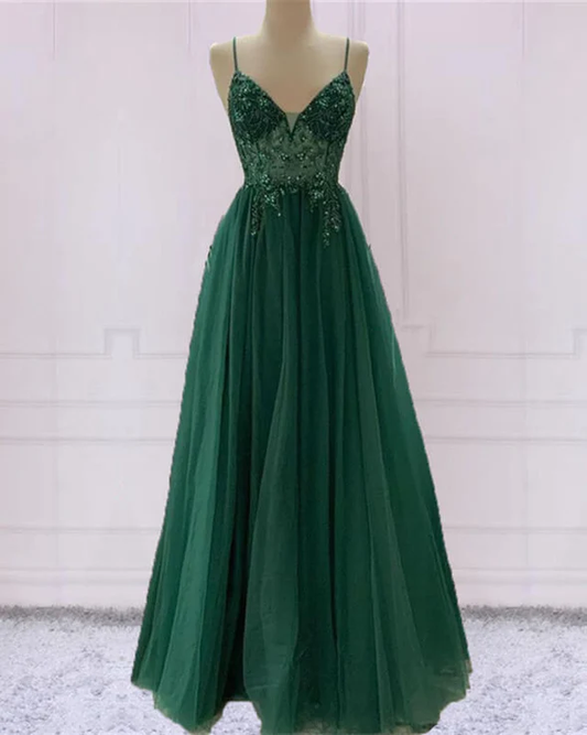 Emerald Green Tulle Prom Dress Beaded V Neck gh2341