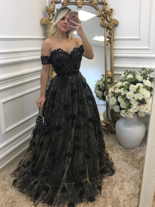 Off Shouler Black Lace Long Prom Dresses with Appliques, Off Shoulder Black Formal Dresses, Evening Dresses  gh2411
