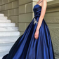 Elegant A-Line Spaghetti Straps Dark Blue Satin Prom Dress with Beading Pockets gh2333