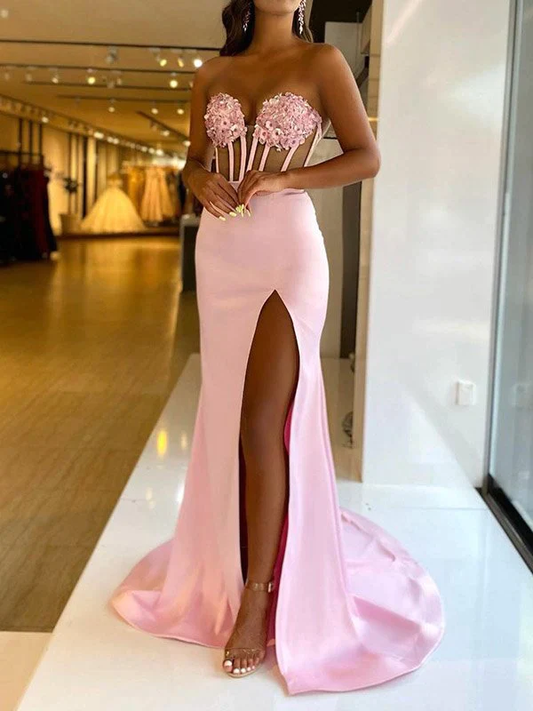 Embroidered Split-Joint Bandeau Prom Dress See-through Evening Dress  gh2026