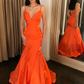Orange V Neck Mermaid Satin Long Prom Dresses, Mermaid Orange Formal Dresses, Orange Evening Dresses gh2428