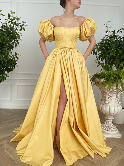 Vintage Fairy Korsettkleid, A-Linie gerades langes gelbes Taft-Abschlussballkleid Ballkleid, Kurzarm-Hochzeits-Ballkleid-Abschlussballkleid mit Schlitz gh2420